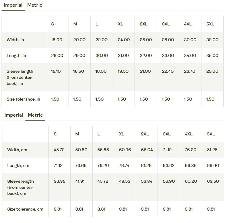 Size chart for clothing measurements in imperial and metric systems. wild ember gymrat o'connor