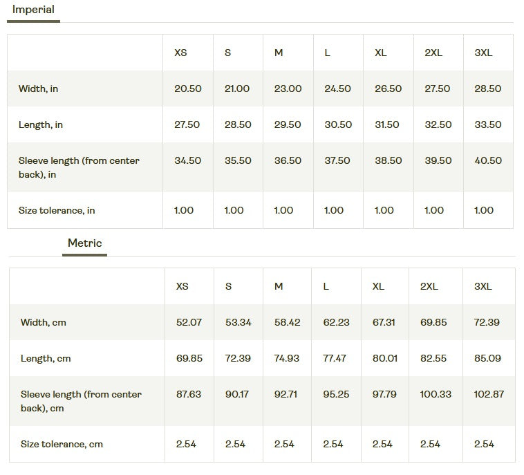 Size chart for clothing measurements in imperial and metric systems. wild ember gymrats o'connor