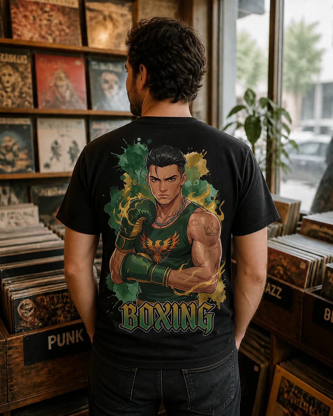 Boxing Men black cotton tee person back mockup