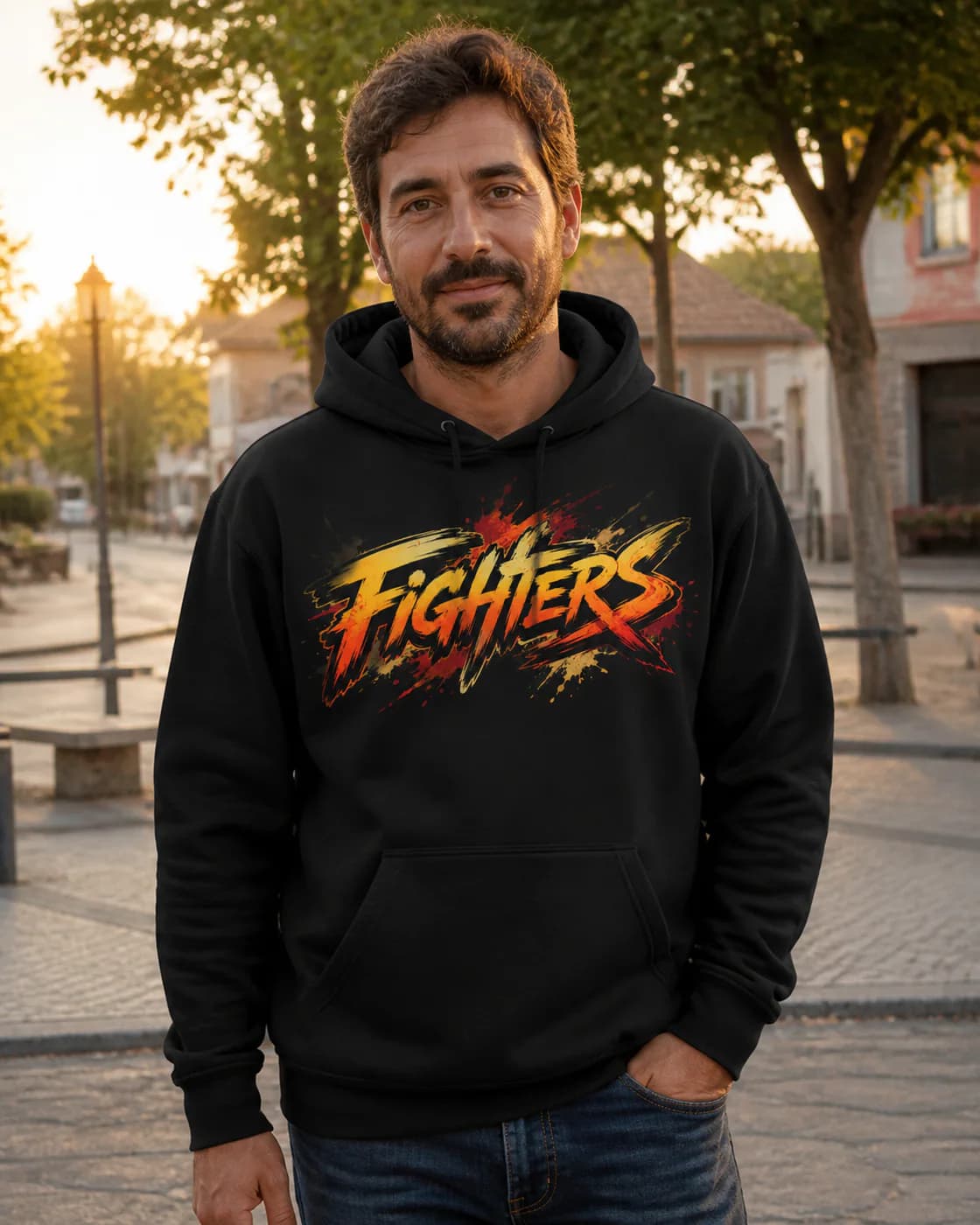 Boxing Men black hoodie person front mockup