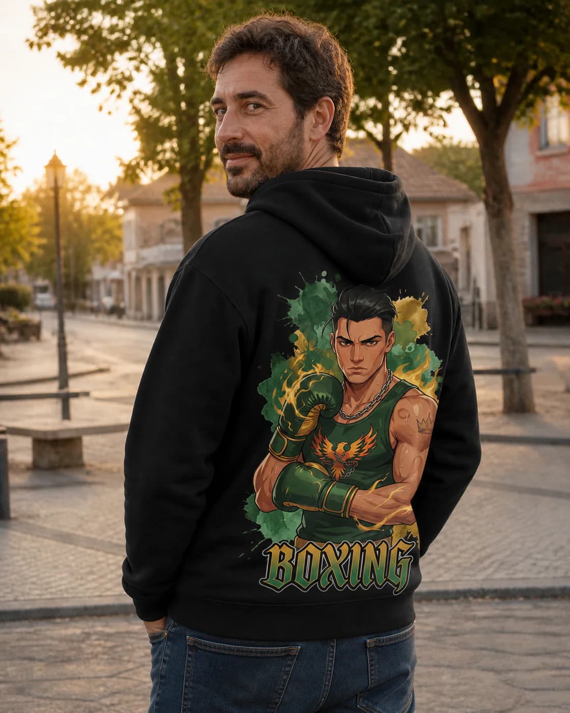 Boxing Men black hoodie person back mockup