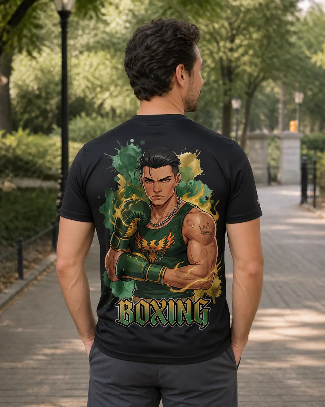Boxing Men black performance tee person back mockup
