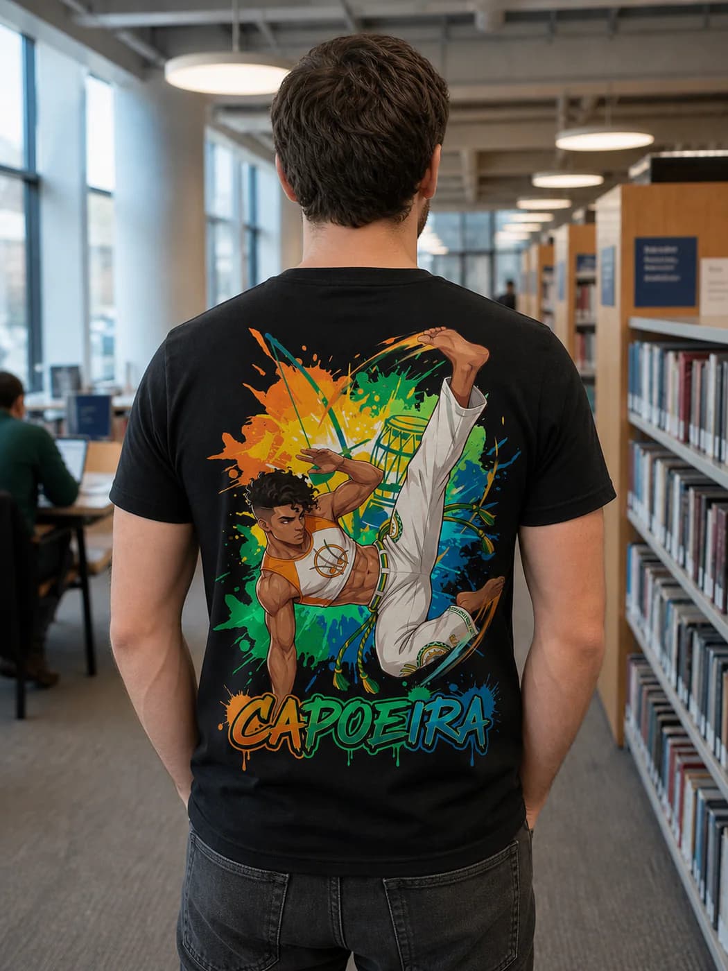 Capoeira Men black cotton tee person back mockup