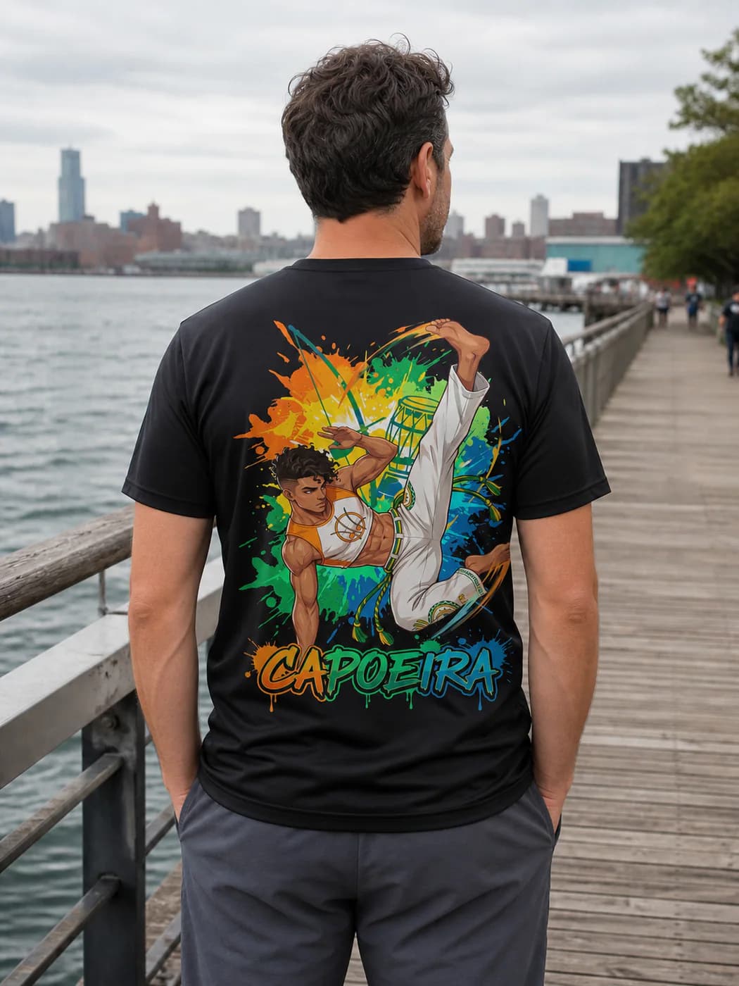 Capoeira Men black performance tee person back mockup
