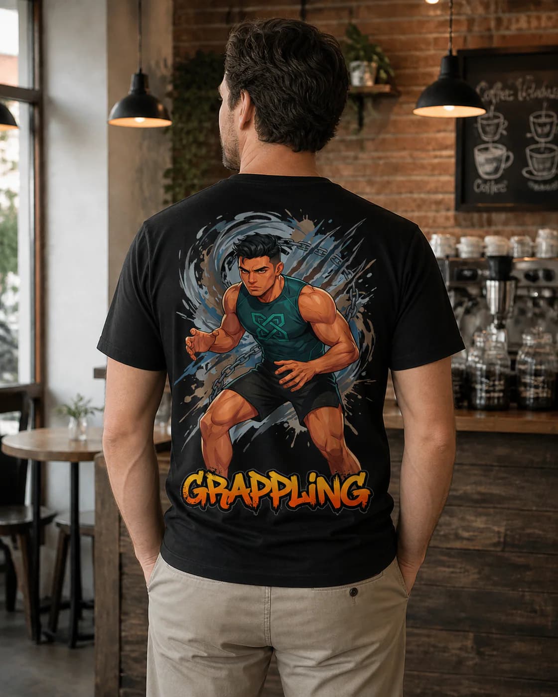 Grappling Men black cotton tee person back mockup