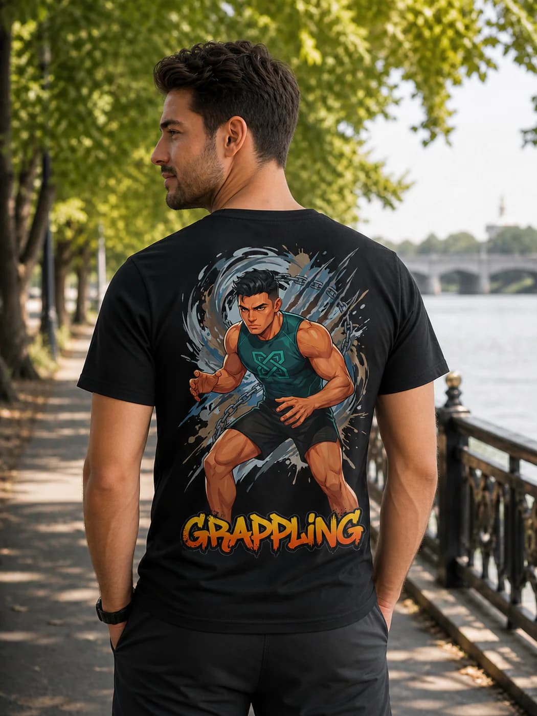 Grappling Men black performance tee person back mockup
