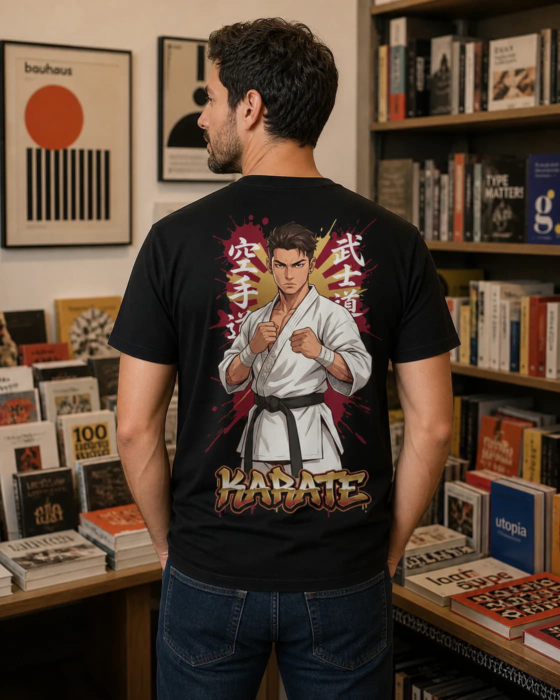 Karate Men black cotton tee person back mockup
