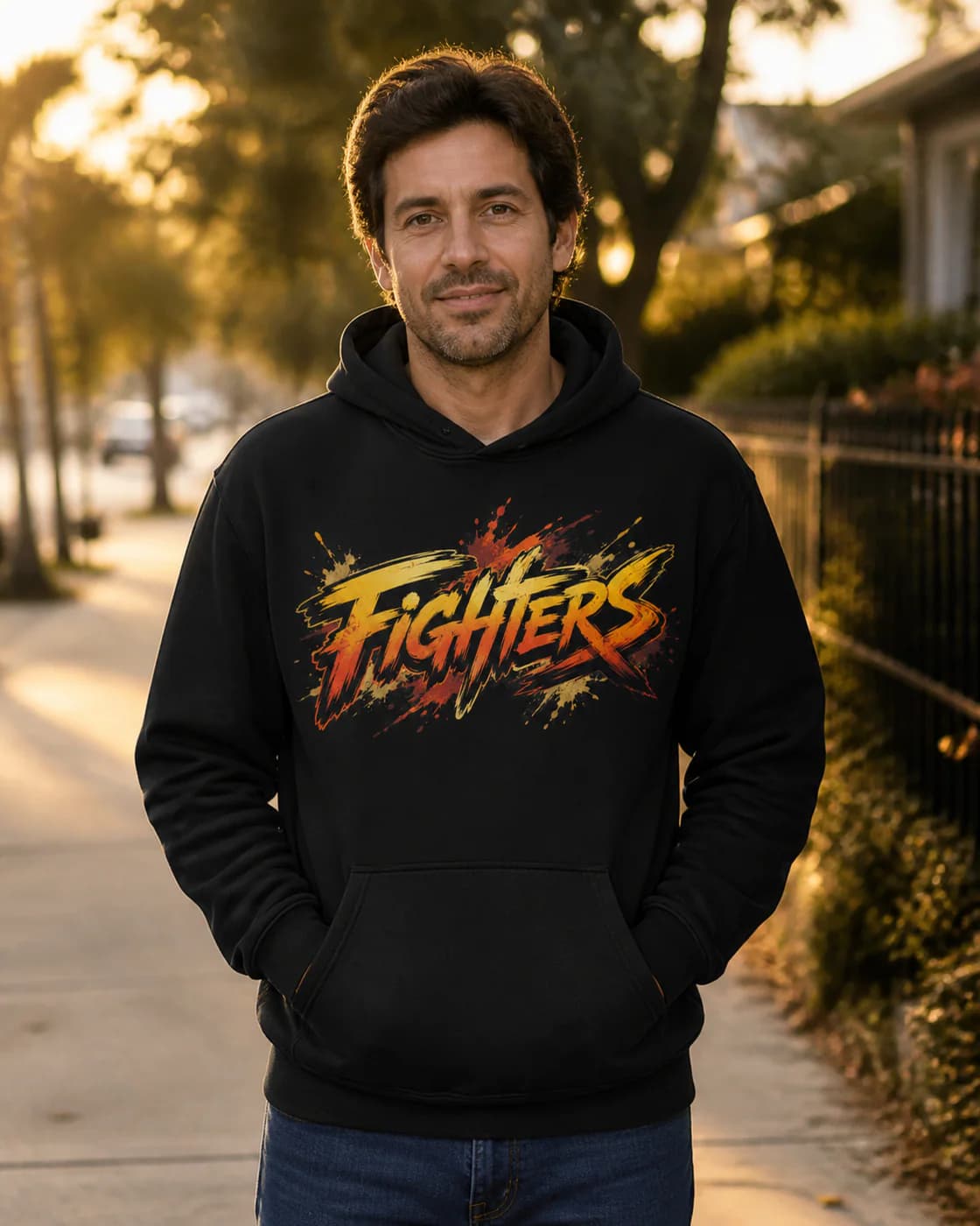 Karate Men black hoodie person front mockup