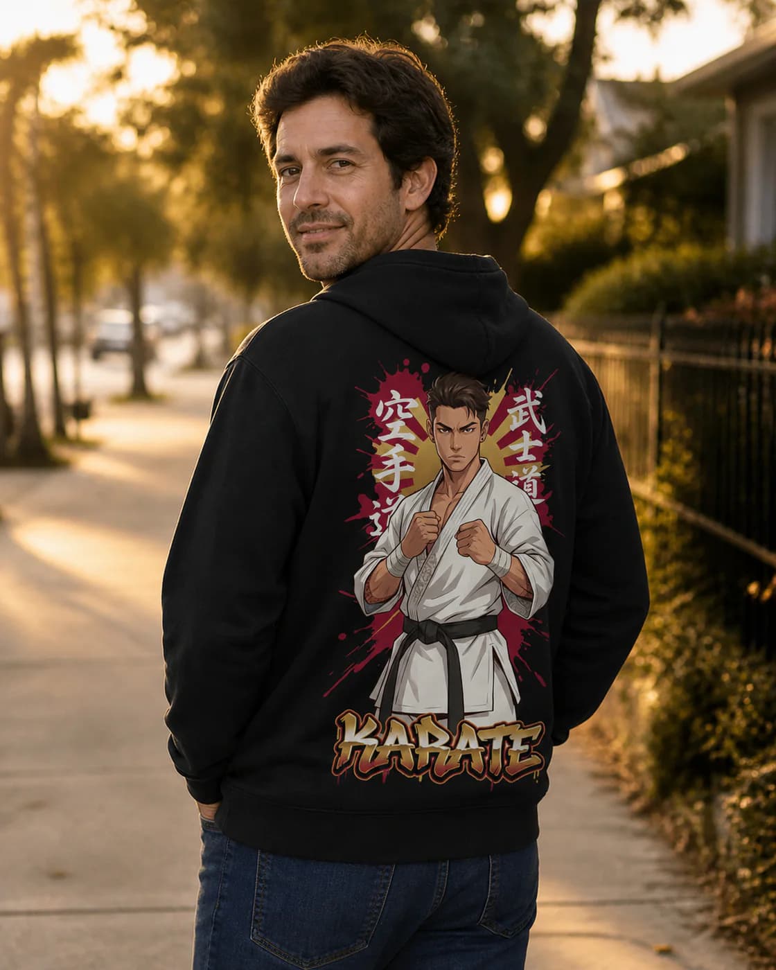 Karate Men black hoodie person back mockup