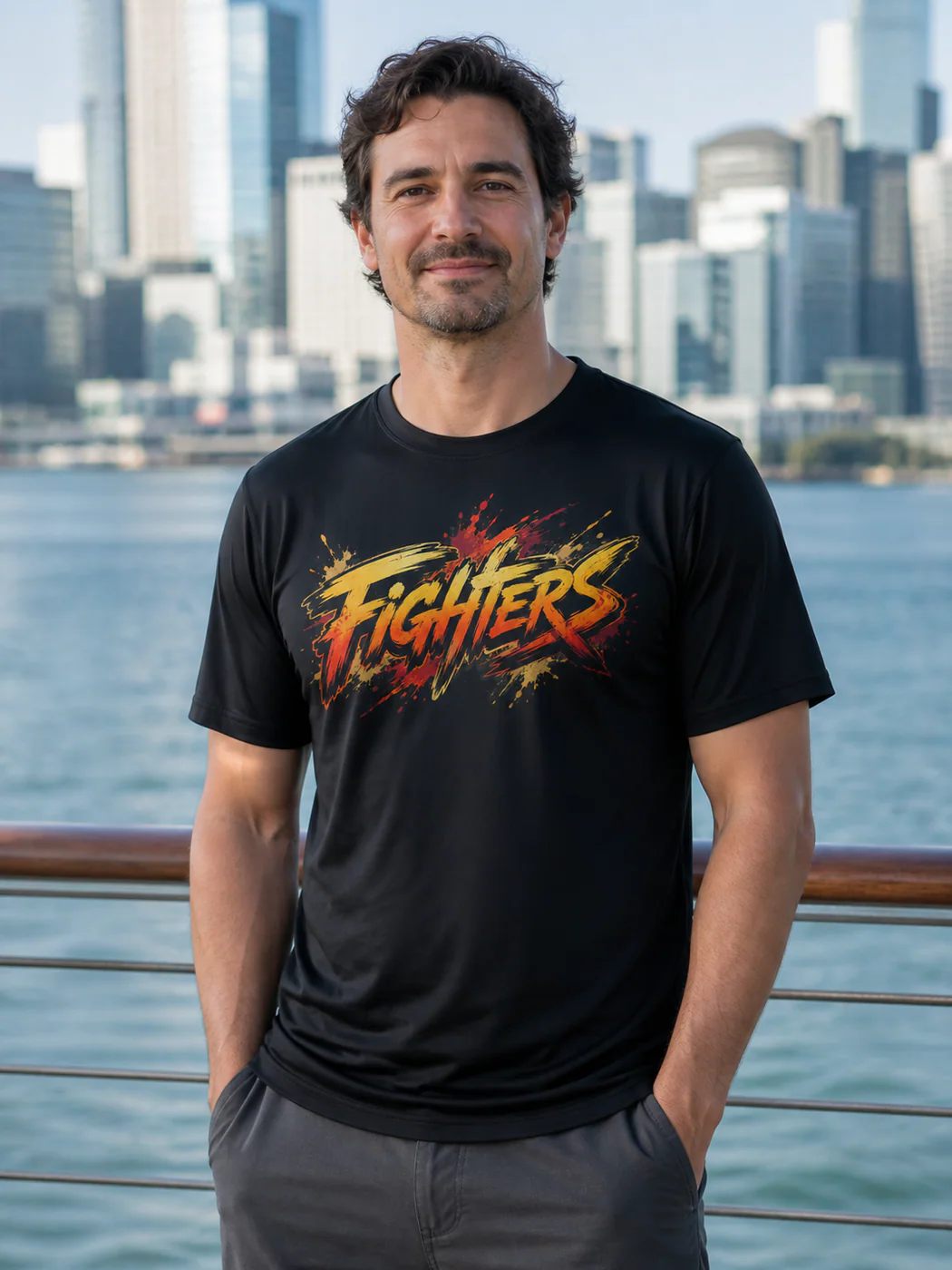 Karate Men black performance tee person front mockup