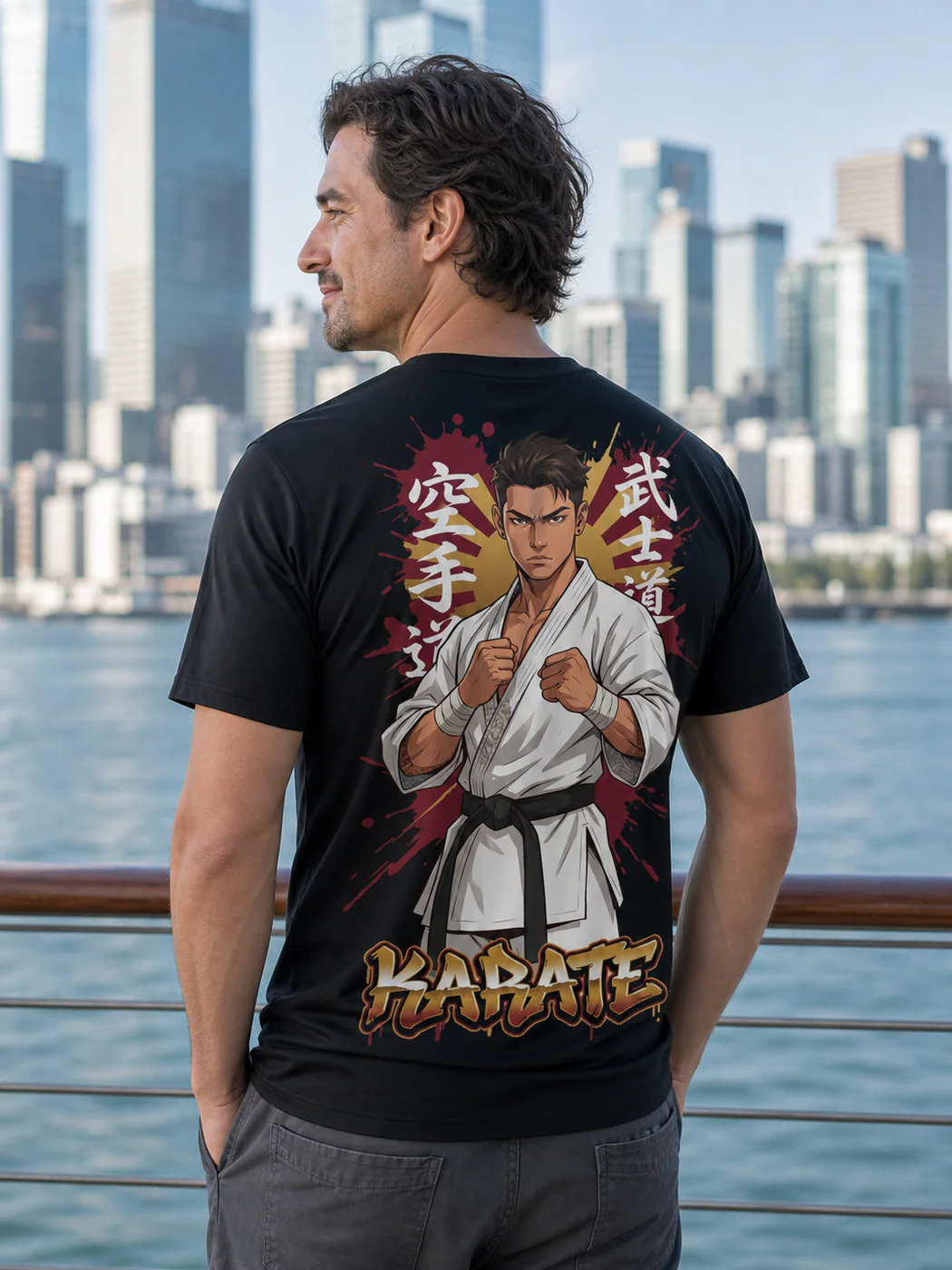 Karate Men black performance tee person back mockup