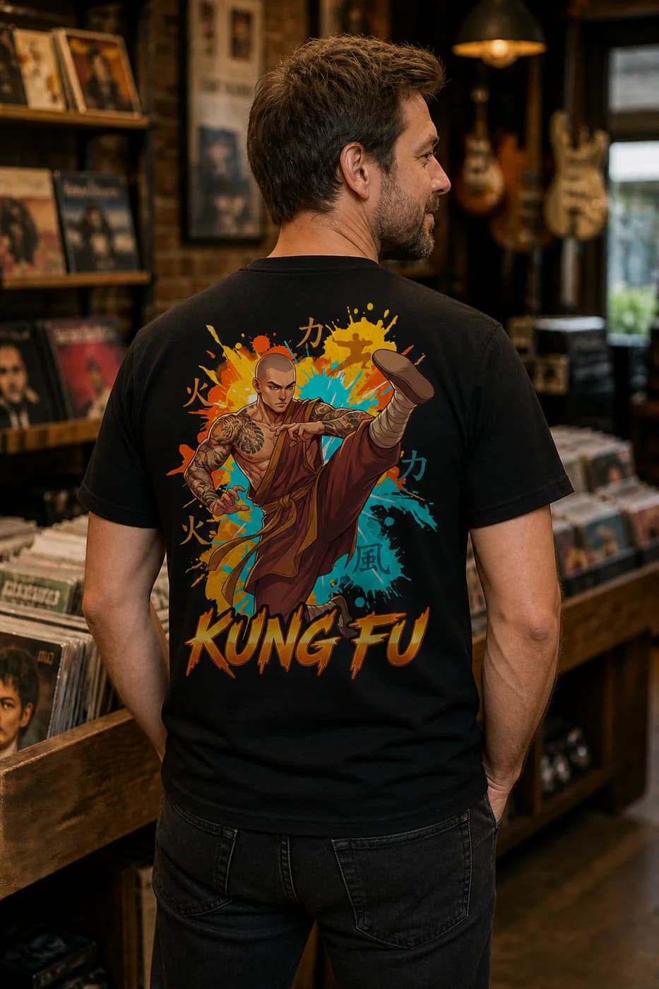 Kung Fu Men black cotton tee person back mockup
