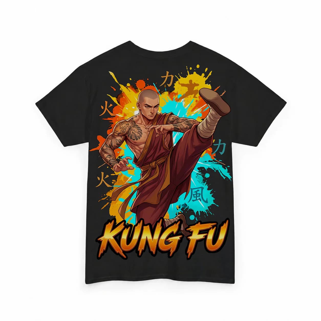 Kung Fu Men black cotton tee garment back mockup