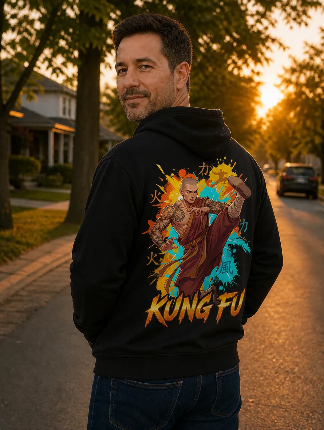 Kung Fu Men black hoodie person back mockup