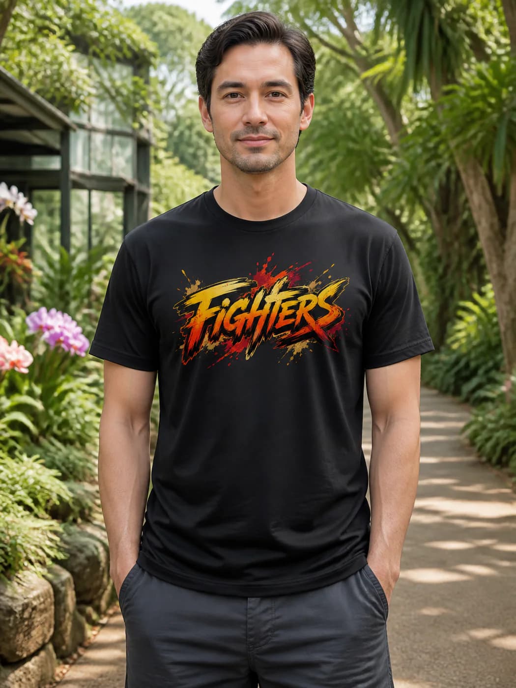 Kung Fu Men black performance tee person front mockup
