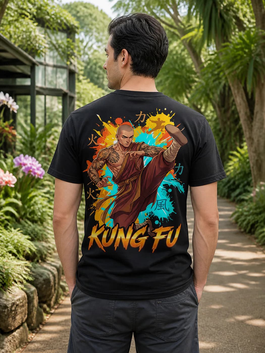 Kung Fu Men black performance tee person back mockup