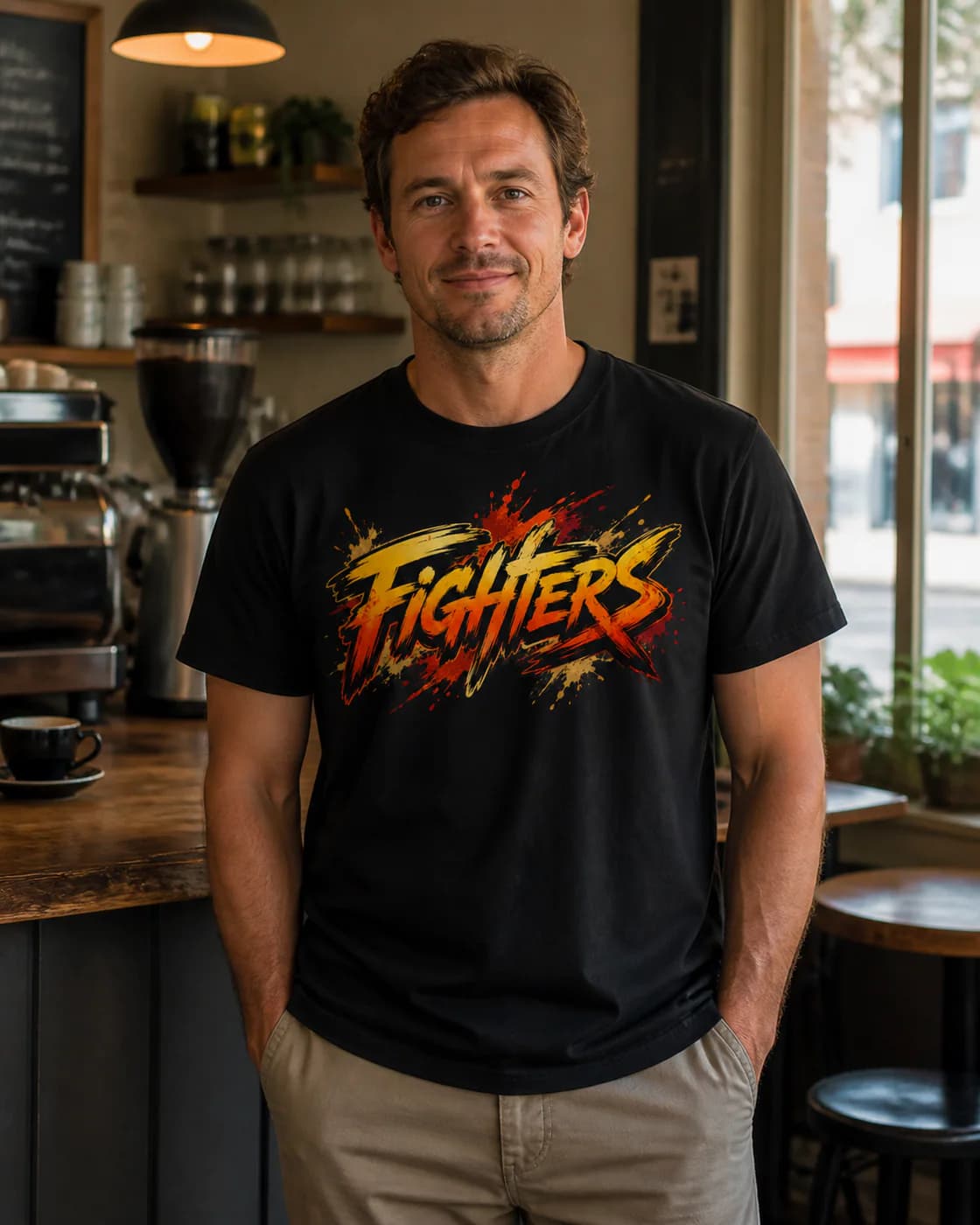 MMA Men black cotton tee person front mockup