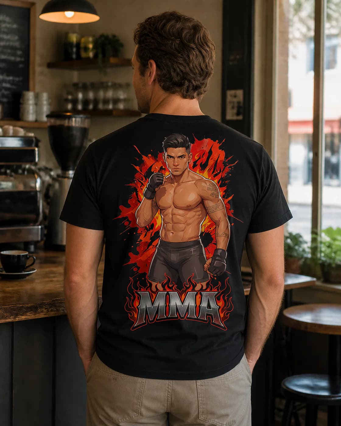 MMA Men black cotton tee person back mockup