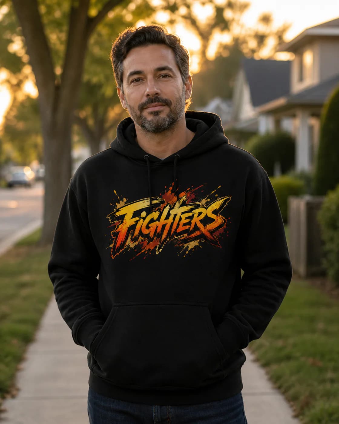 MMA Men black hoodie person front mockup