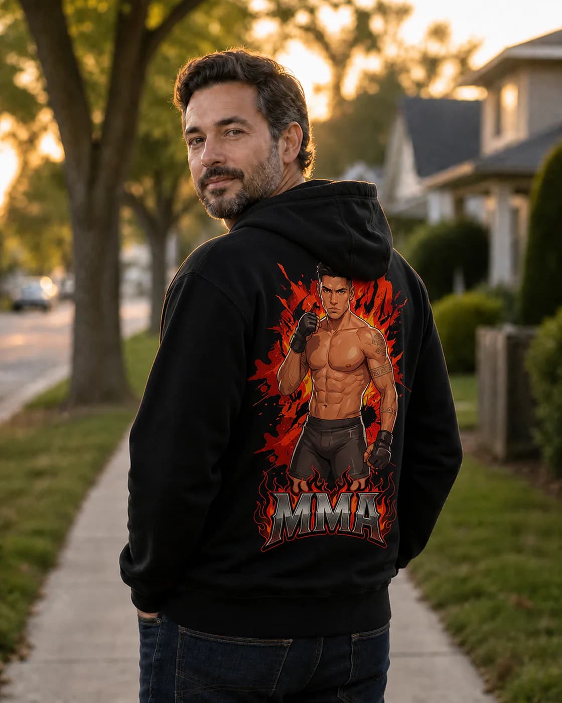 MMA Men black hoodie person back mockup