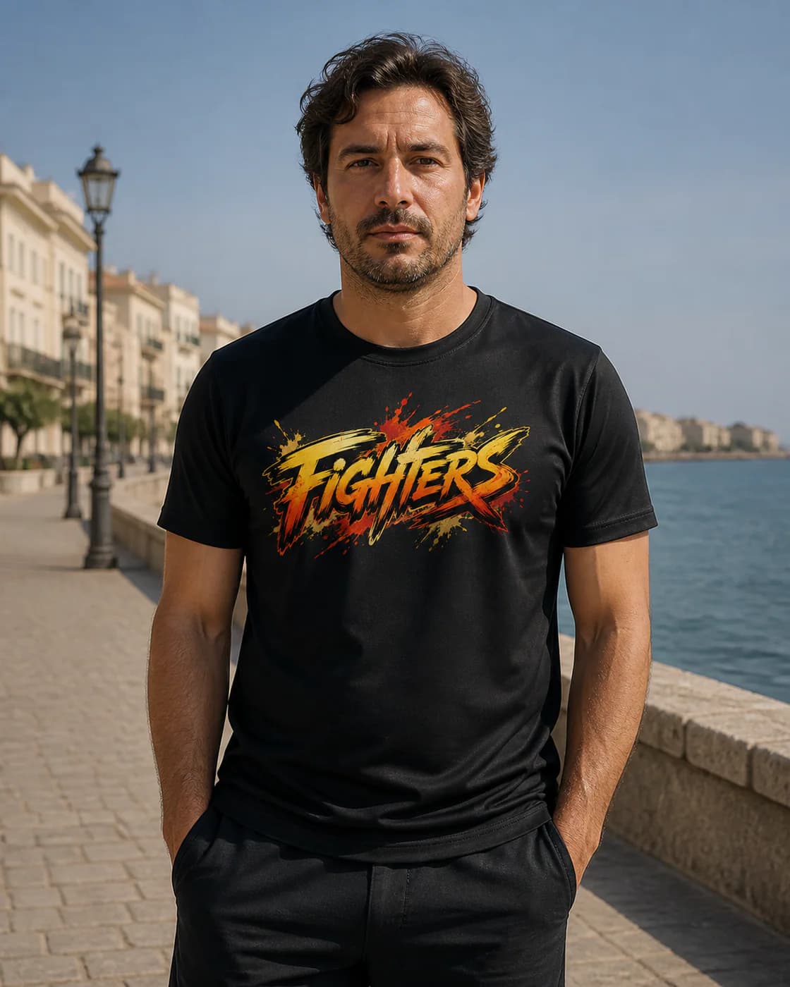 MMA Men black performance tee person front mockup