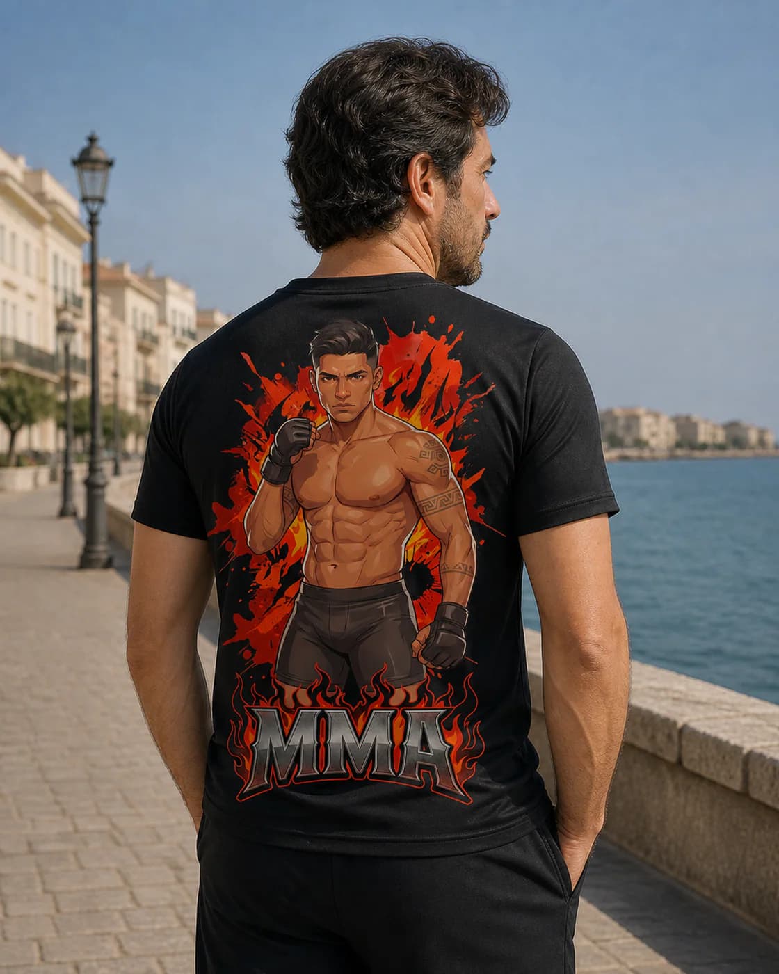 MMA Men black performance tee person back mockup