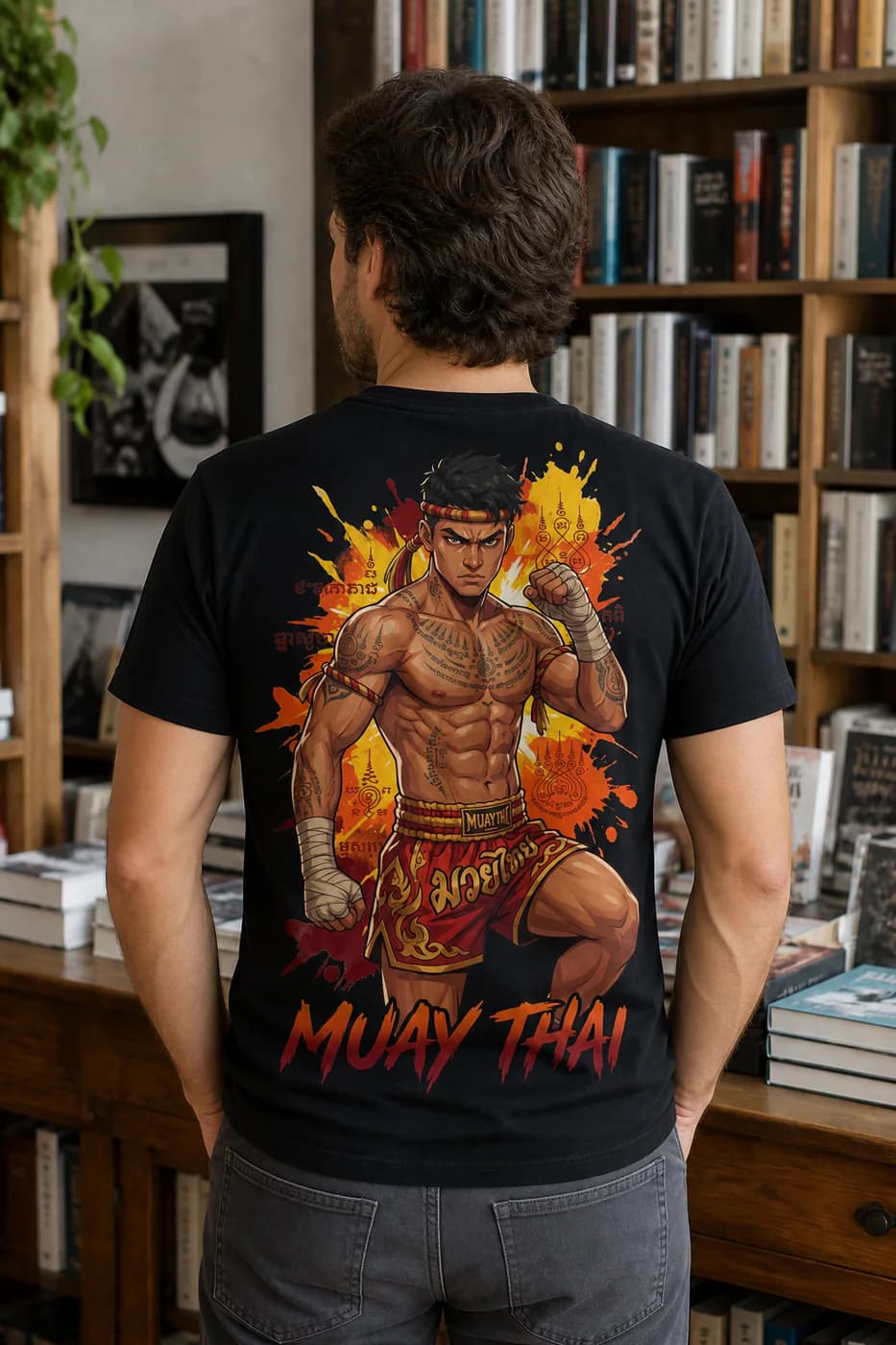 Muay Thai Men black cotton tee person back mockup