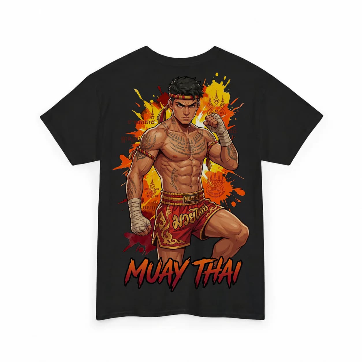 Muay Thai Men black cotton tee garment back mockup