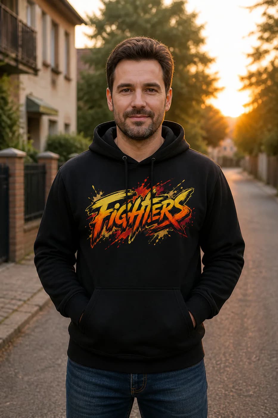 Muay Thai Men black hoodie person front mockup
