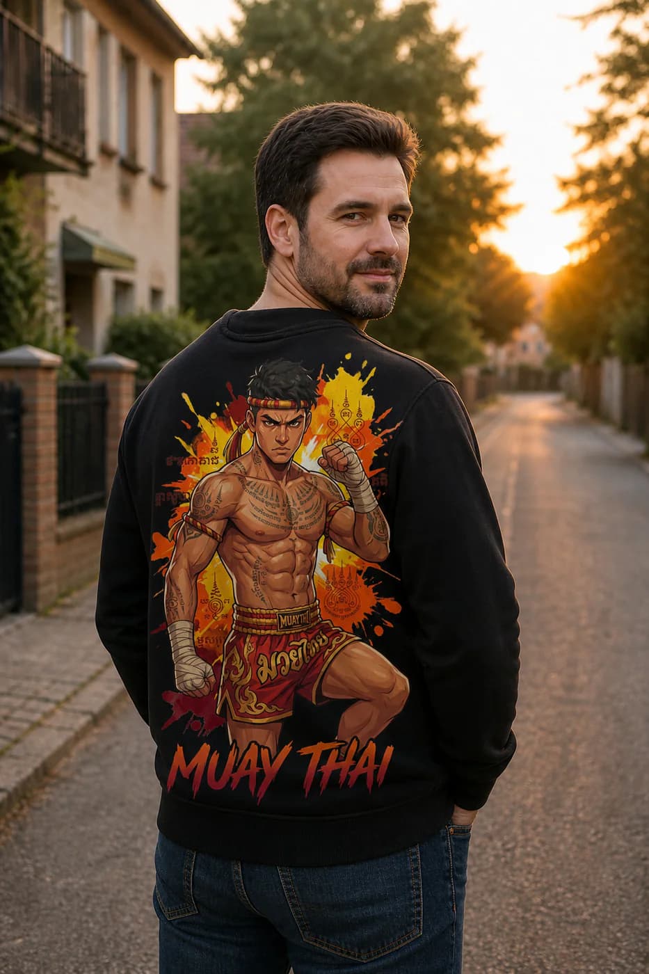 Muay Thai Men black hoodie person back mockup
