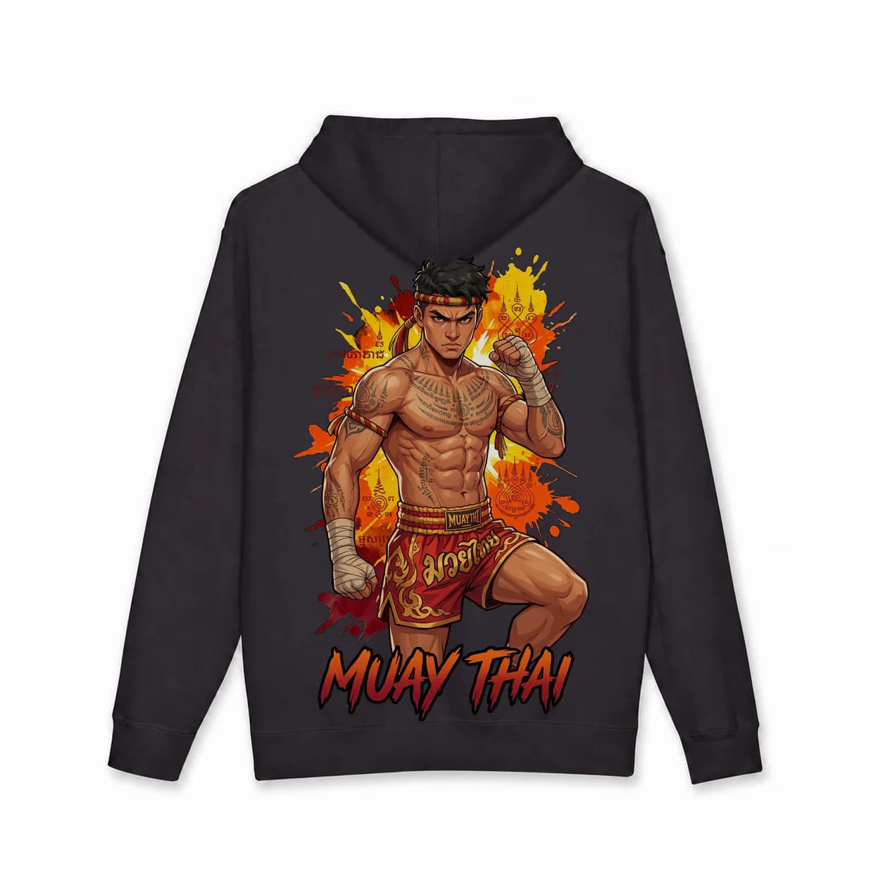 Muay Thai Men black hoodie garment back mockup