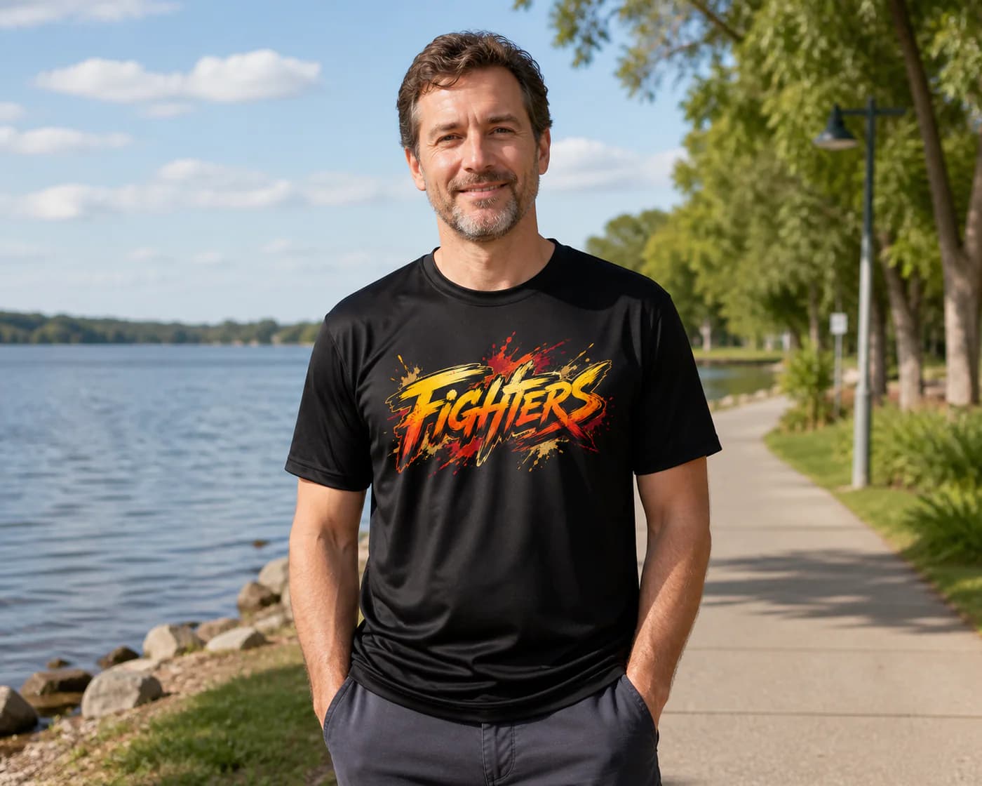 Muay Thai Men black performance tee person front mockup