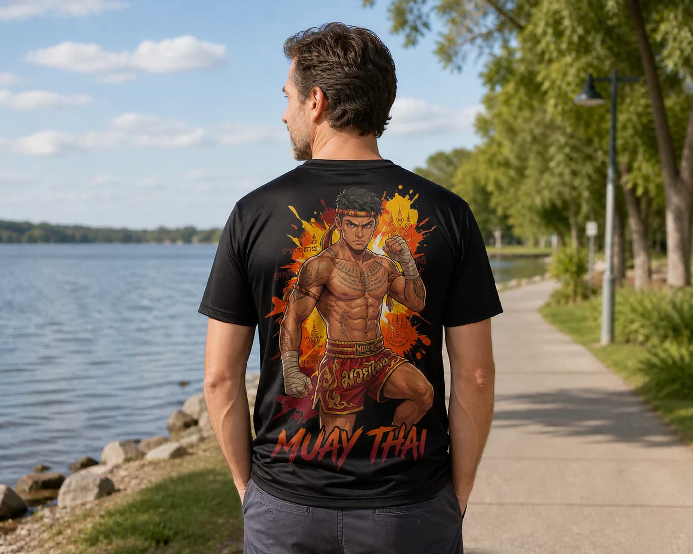 Muay Thai Men black performance tee person back mockup