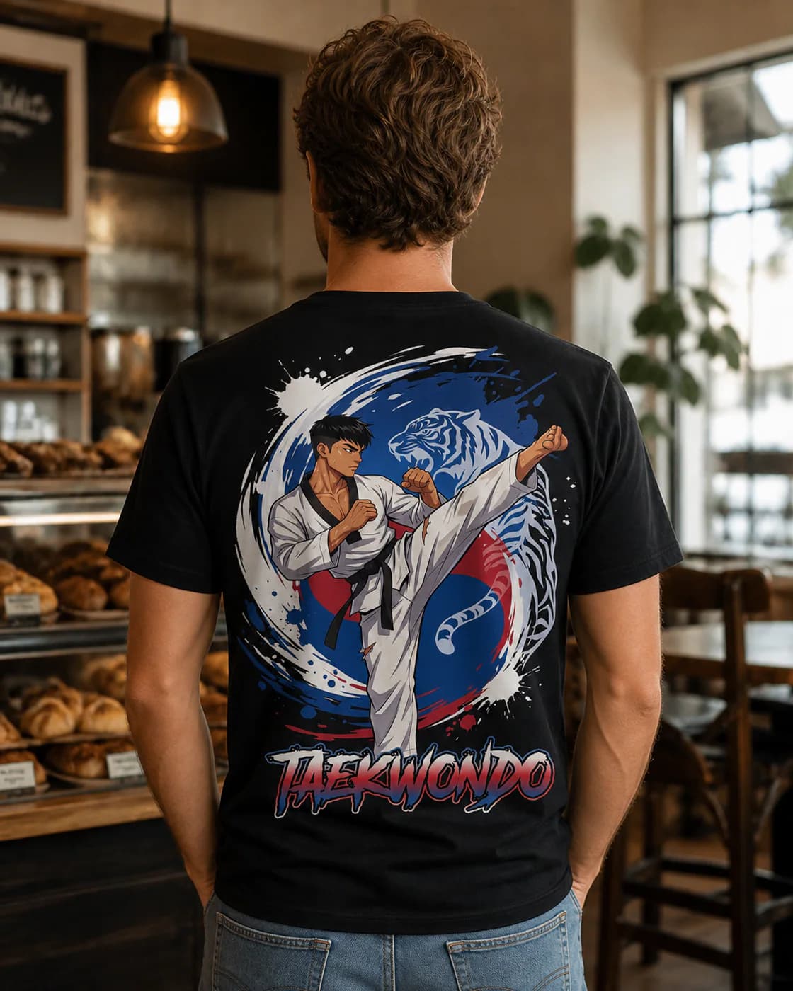 Taekwondo Men black cotton tee person back mockup