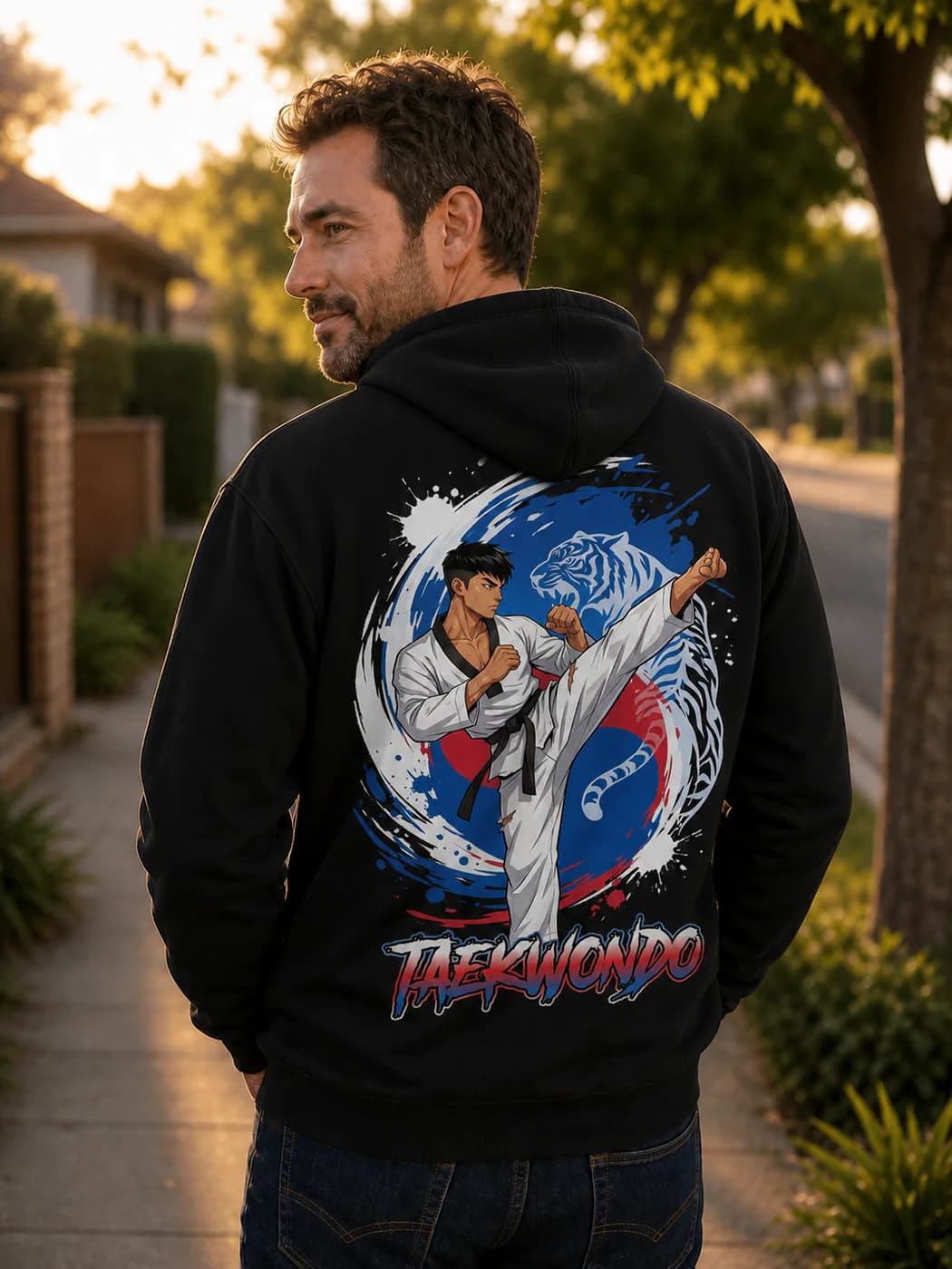 Taekwondo Men black hoodie person back mockup