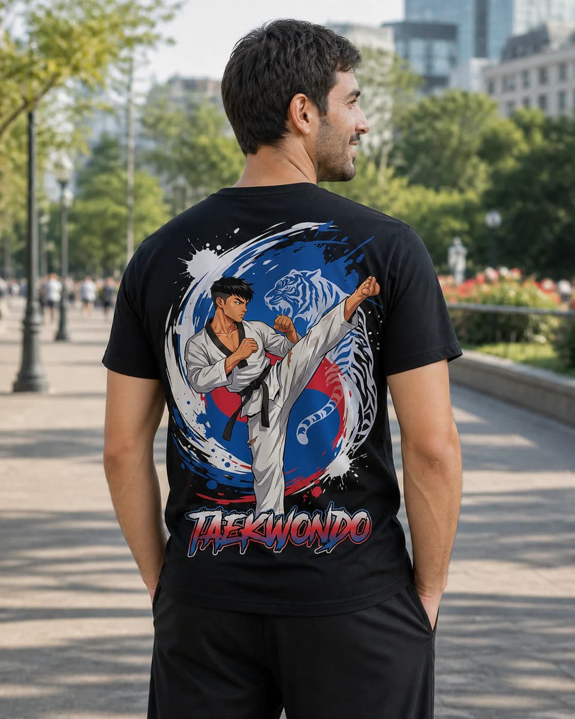 Taekwondo Men black performance tee person back mockup