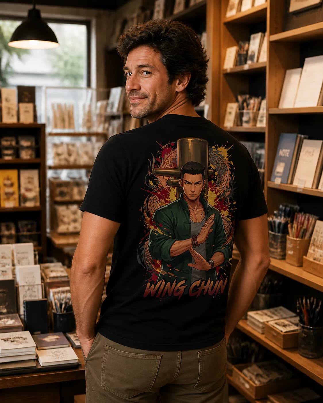 Wing Chun Men black cotton tee person back mockup