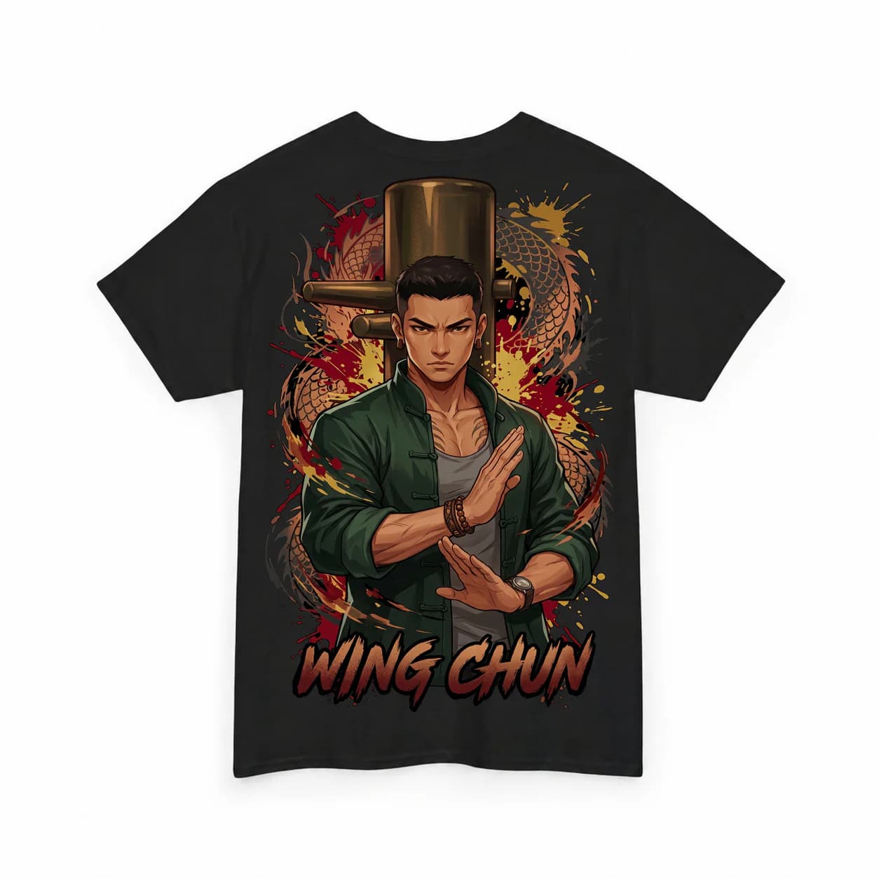 Wing Chun Men black cotton tee garment back mockup