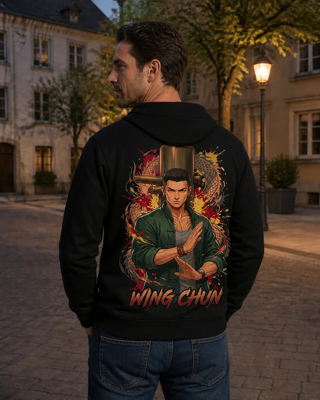 Wing Chun Men black hoodie person back mockup