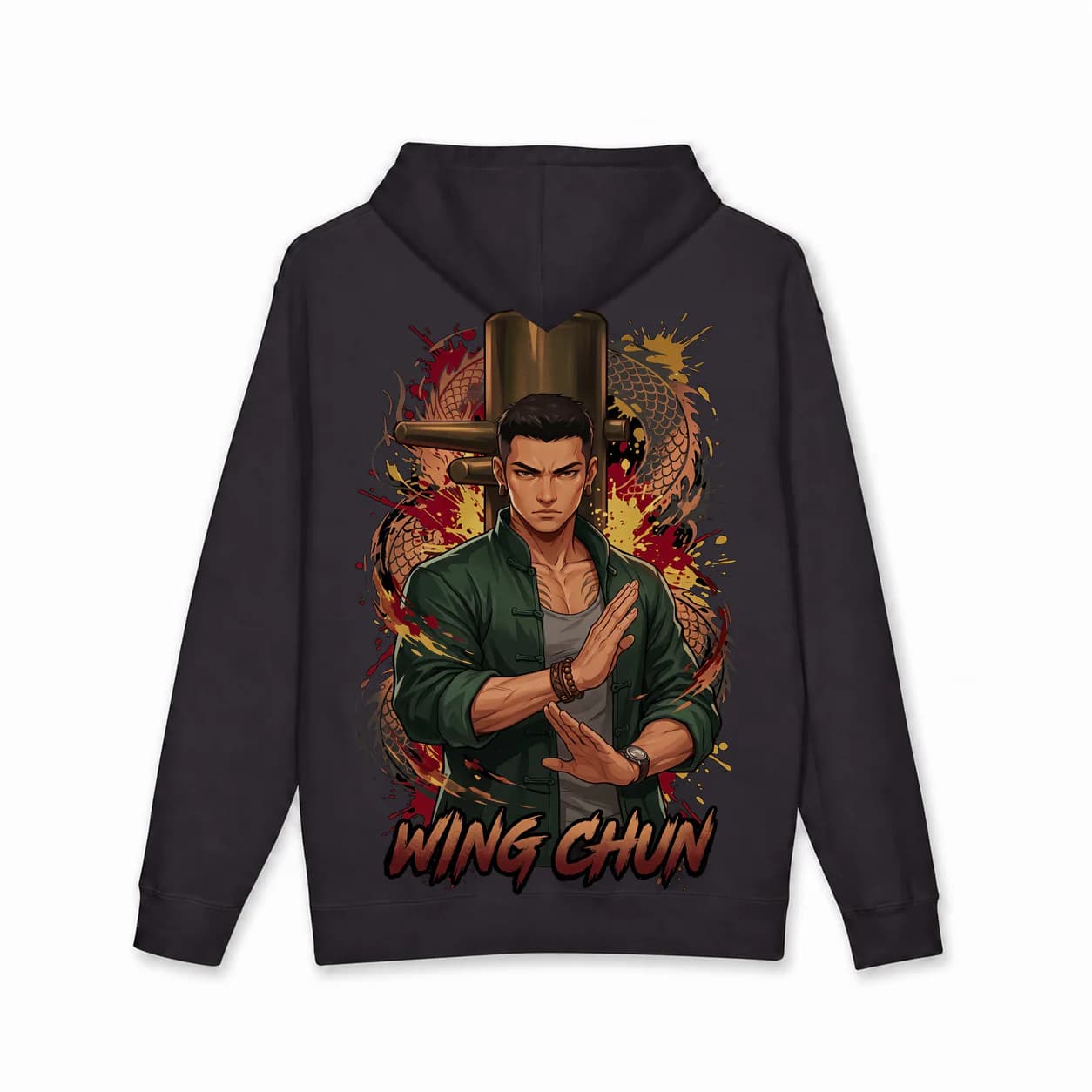 Wing Chun Men black hoodie garment back mockup