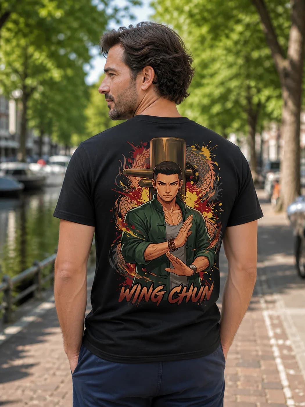 Wing Chun Men black performance tee person back mockup
