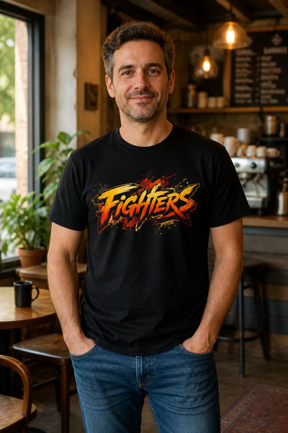 Wrestling Men black cotton tee person front mockup