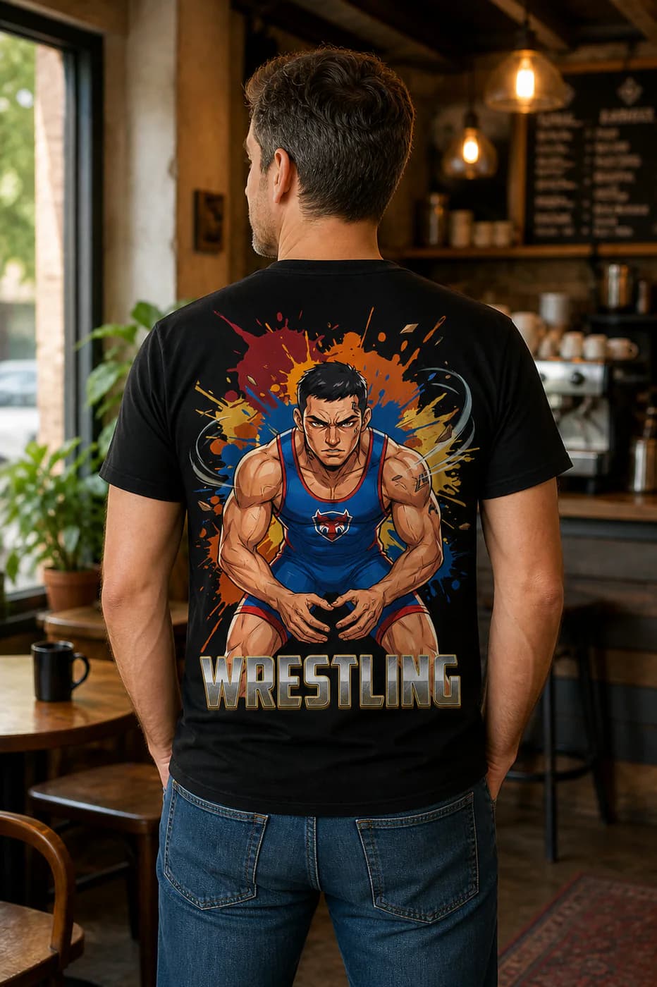 Wrestling Men black cotton tee person back mockup