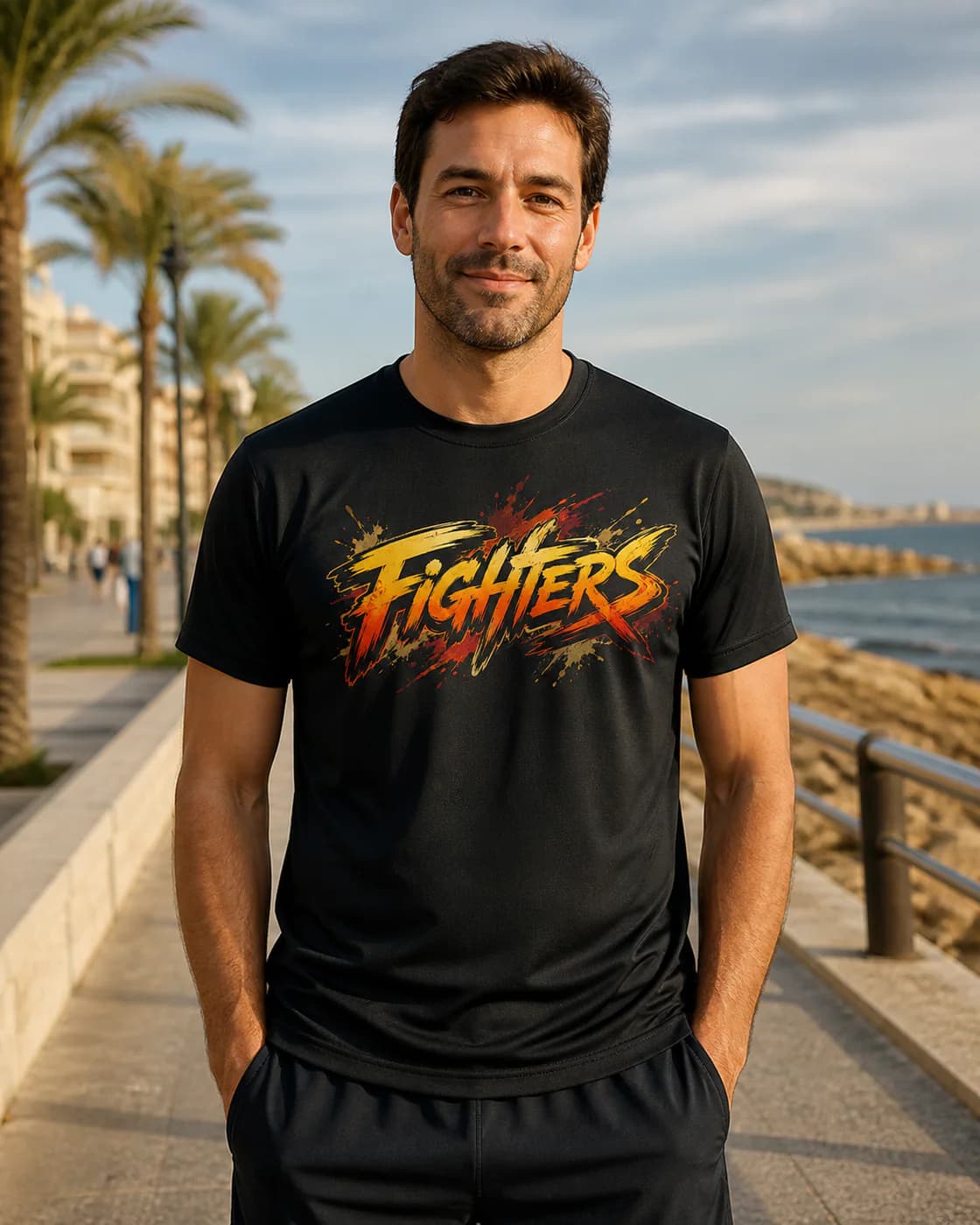 Wrestling Men black performance tee person front mockup