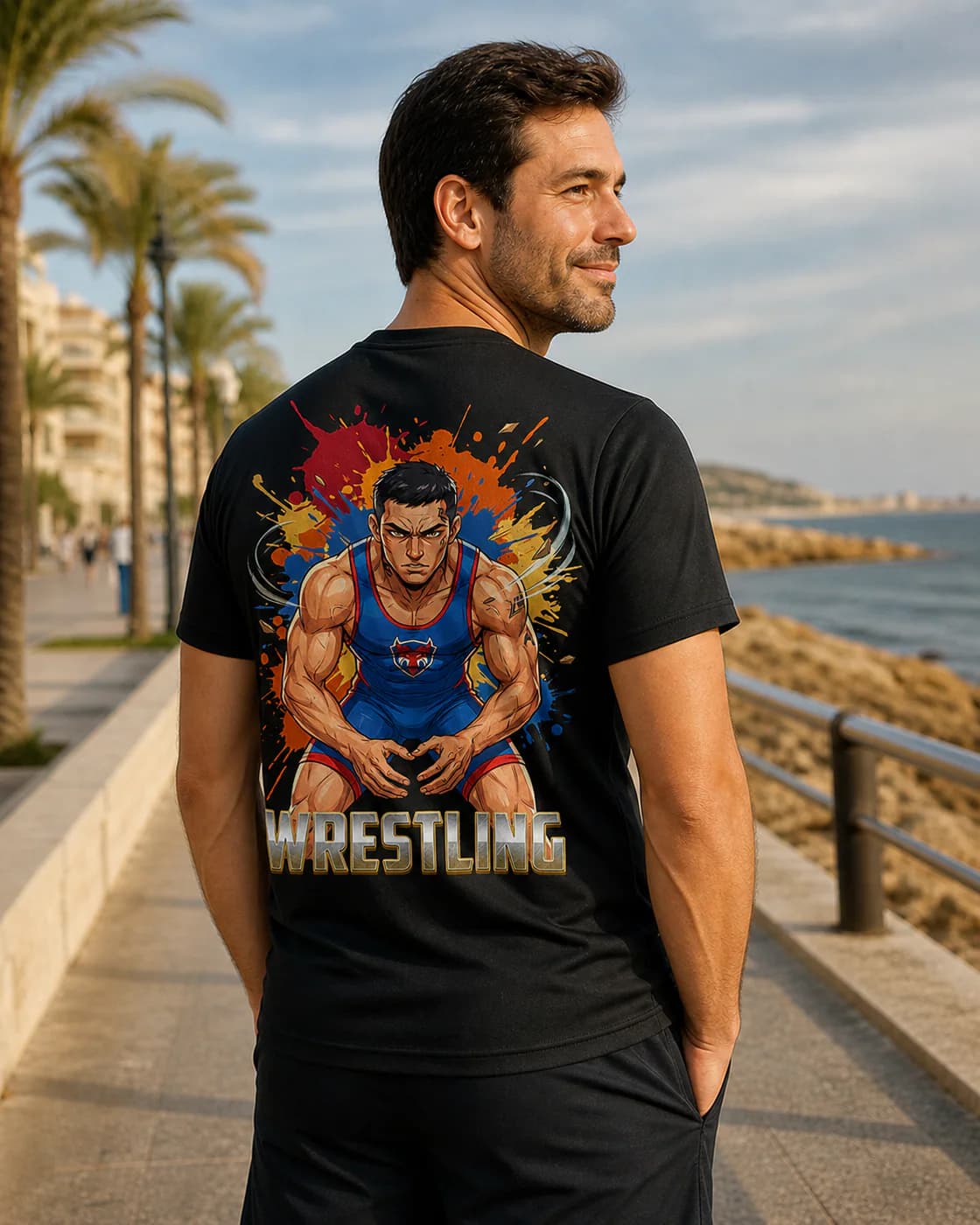 Wrestling Men black performance tee person back mockup