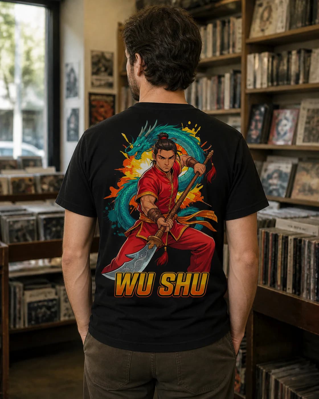 Wu Shu Men black cotton tee person back mockup