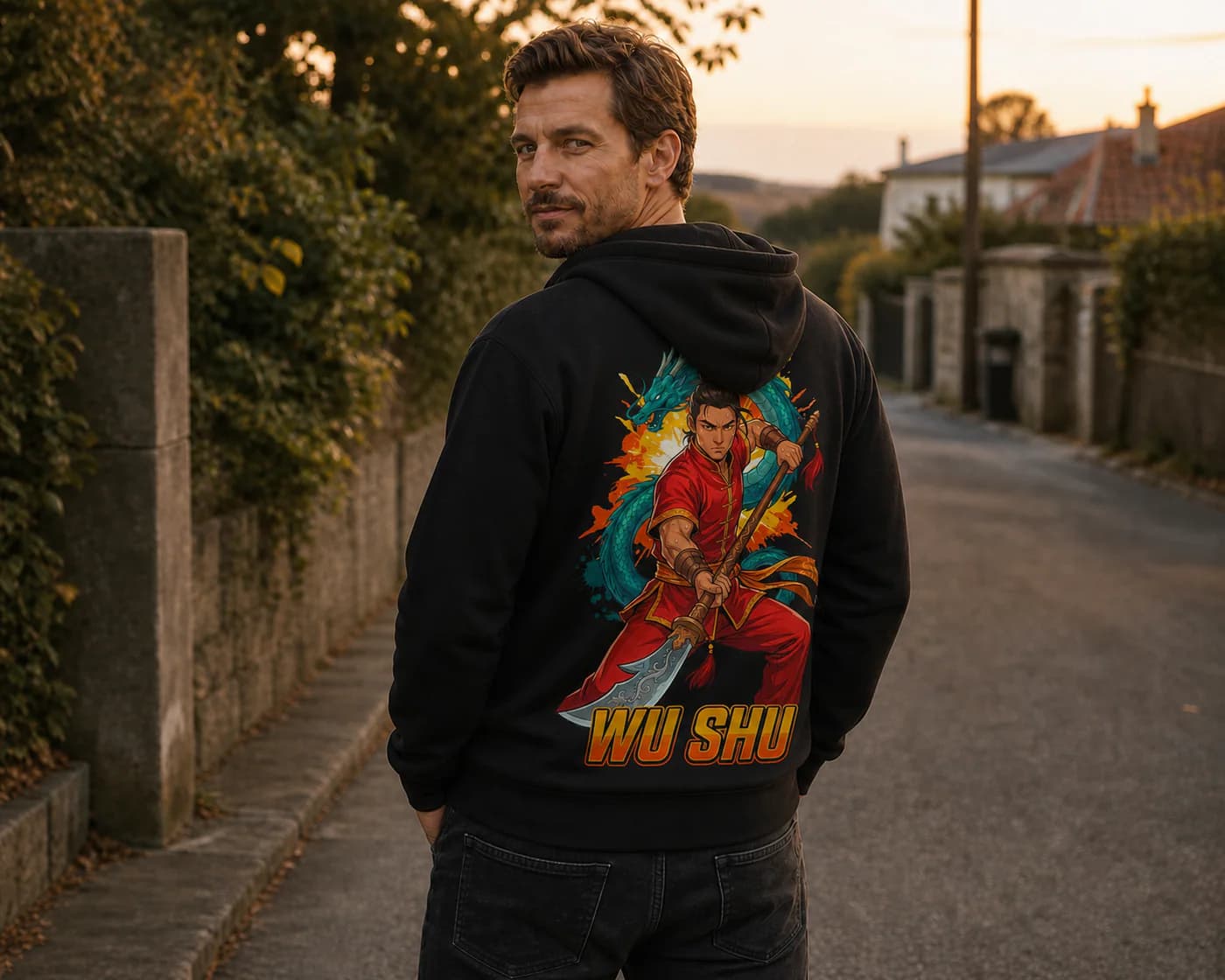 Wu Shu Men black hoodie person back mockup