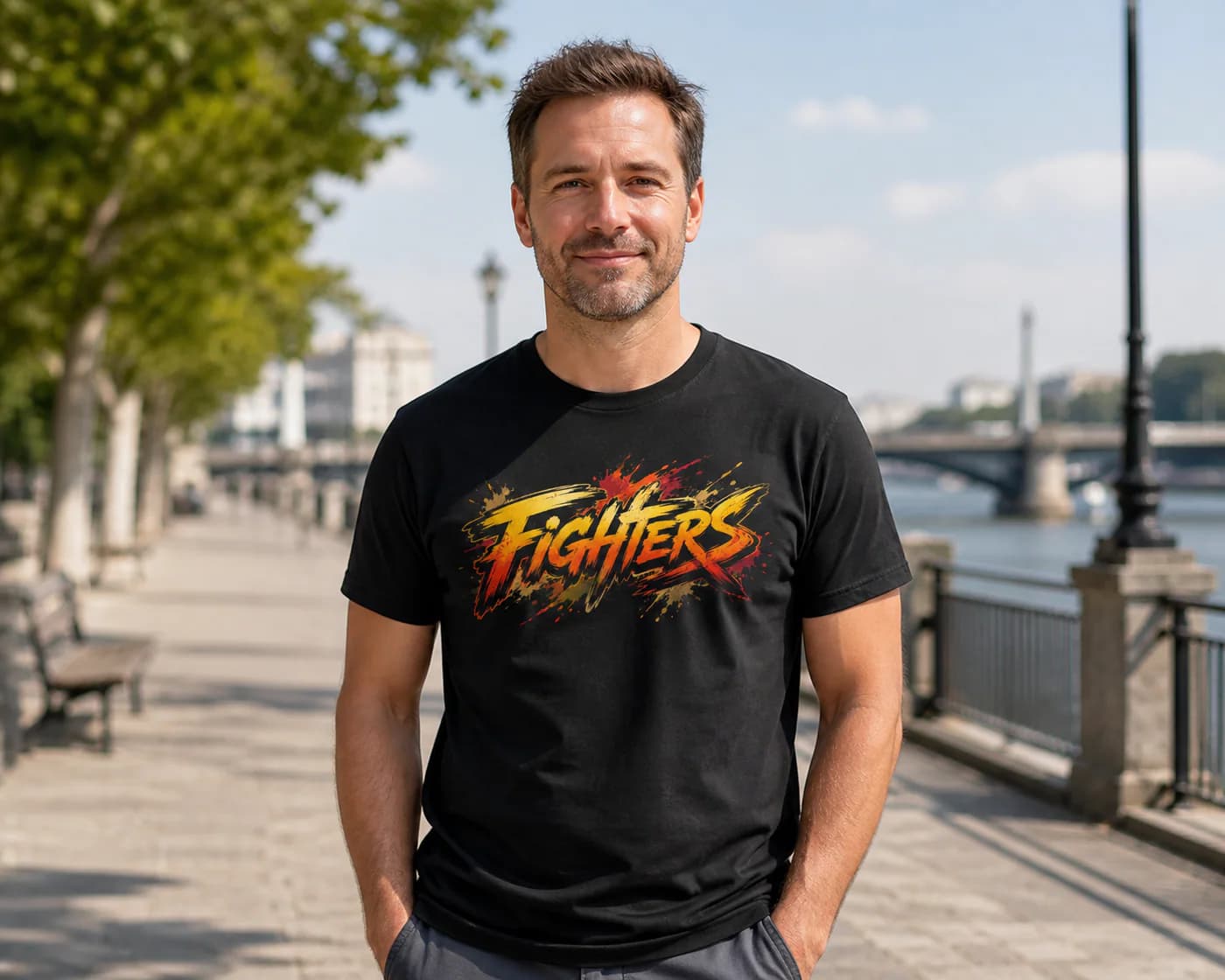 Wu Shu Men black performance tee person front mockup