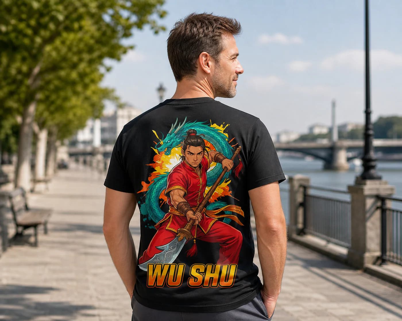 Wu Shu Men black performance tee person back mockup
