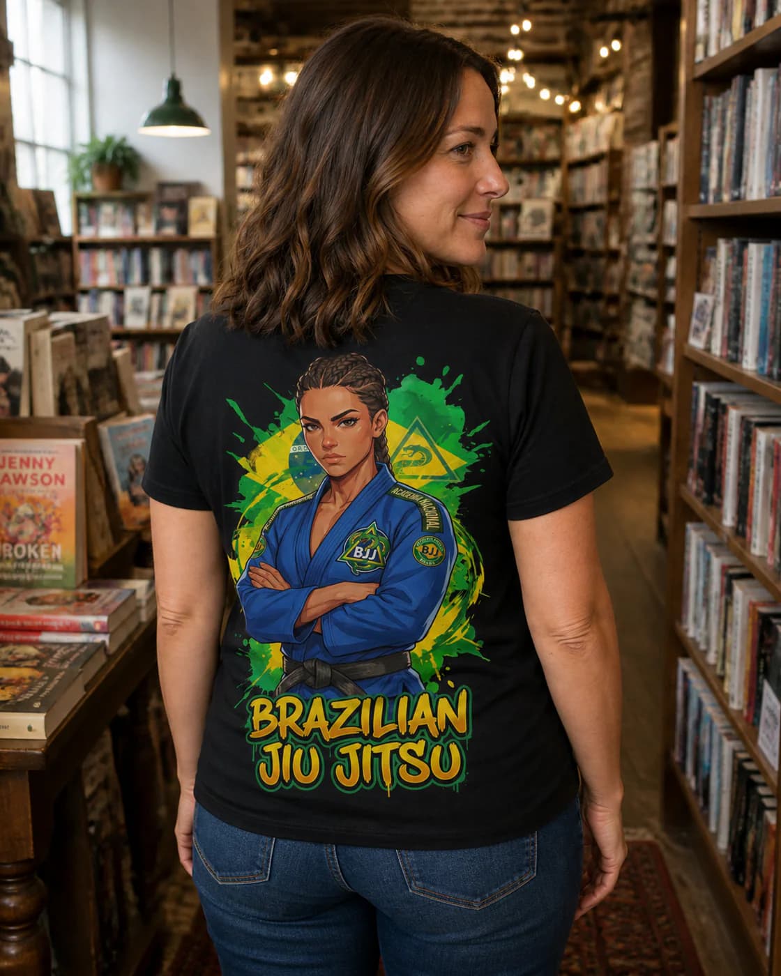 Brazilian Jiu Jitsu Women black cotton tee person back mockup